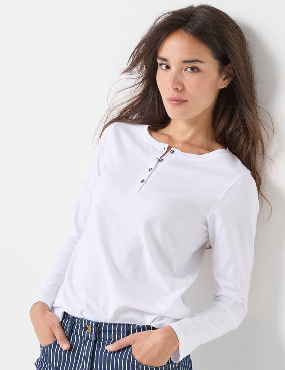 T-shirt col tunisien manches longues (blanc) T-shirt col tunisien manches longues (blanc)